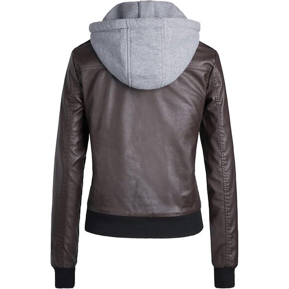 Wantdo Women Dark Brown Motorcycle Short Faux Leather Jacket with Removable Hood - Picture 2 of 7